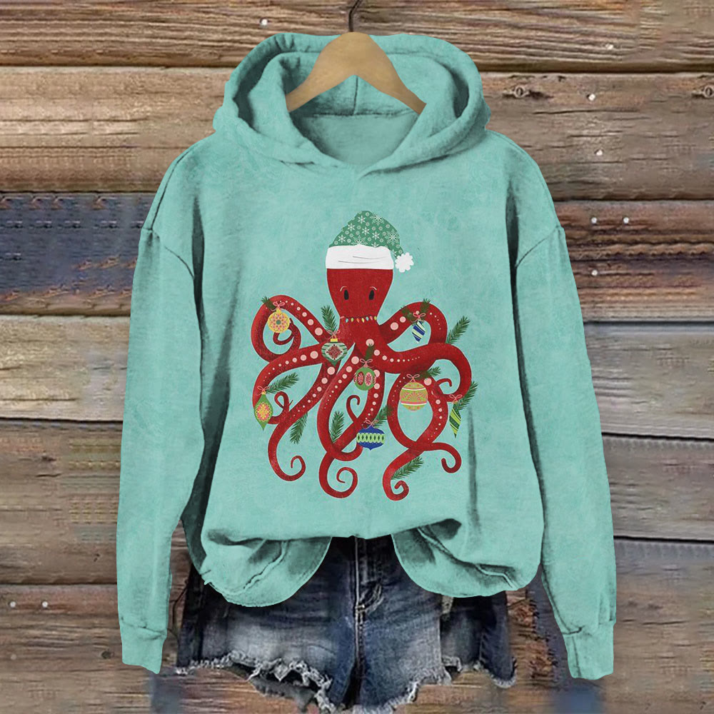 Christmas Vintage Octopus Print Long Sleeve Hoodie - Lake Blue - 8XL - image 1