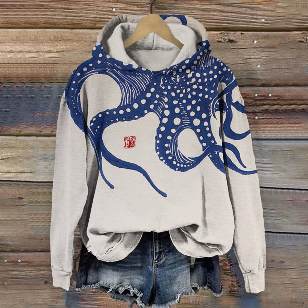Japanese Vintage Octopus Print Long Sleeve Hoodie - Beige - 8XL - image 1