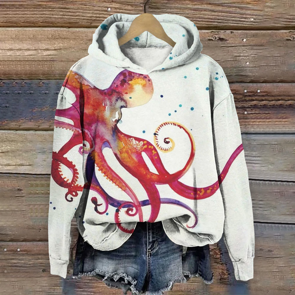 Watercolor Splash Octopus Print Long Sleeve Hoodie - Beige - 8XL - image 1