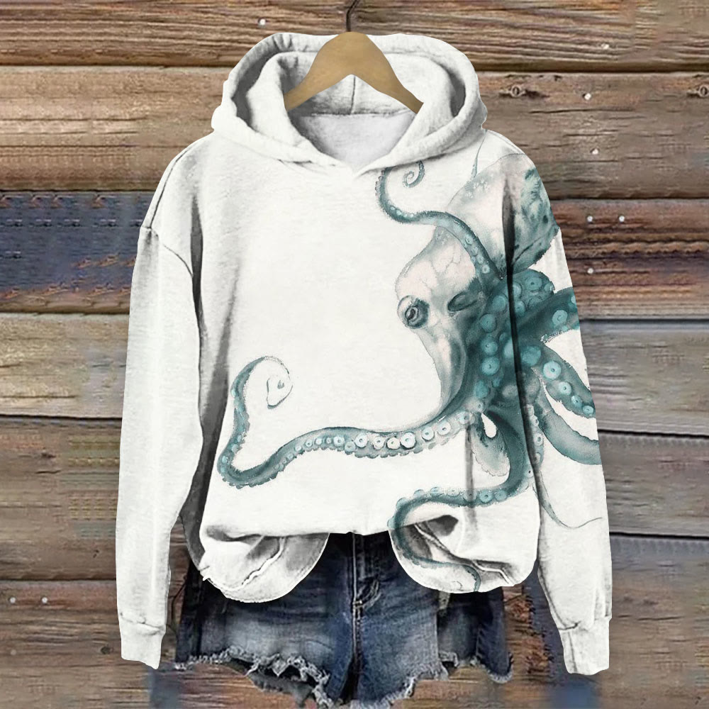 Watercolor Octopus Print Long Sleeve Hoodie - Beige - 8XL - image 1