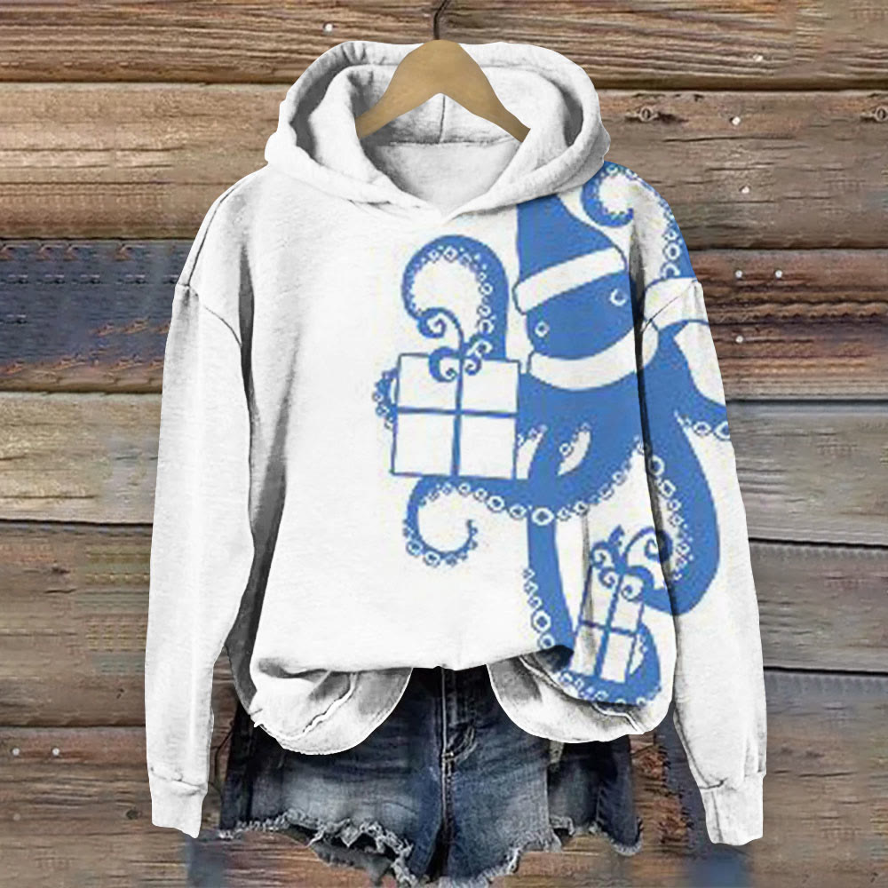 Christmas Gift Octopus Print Long Sleeve Hoodie - White - 8XL - image 1