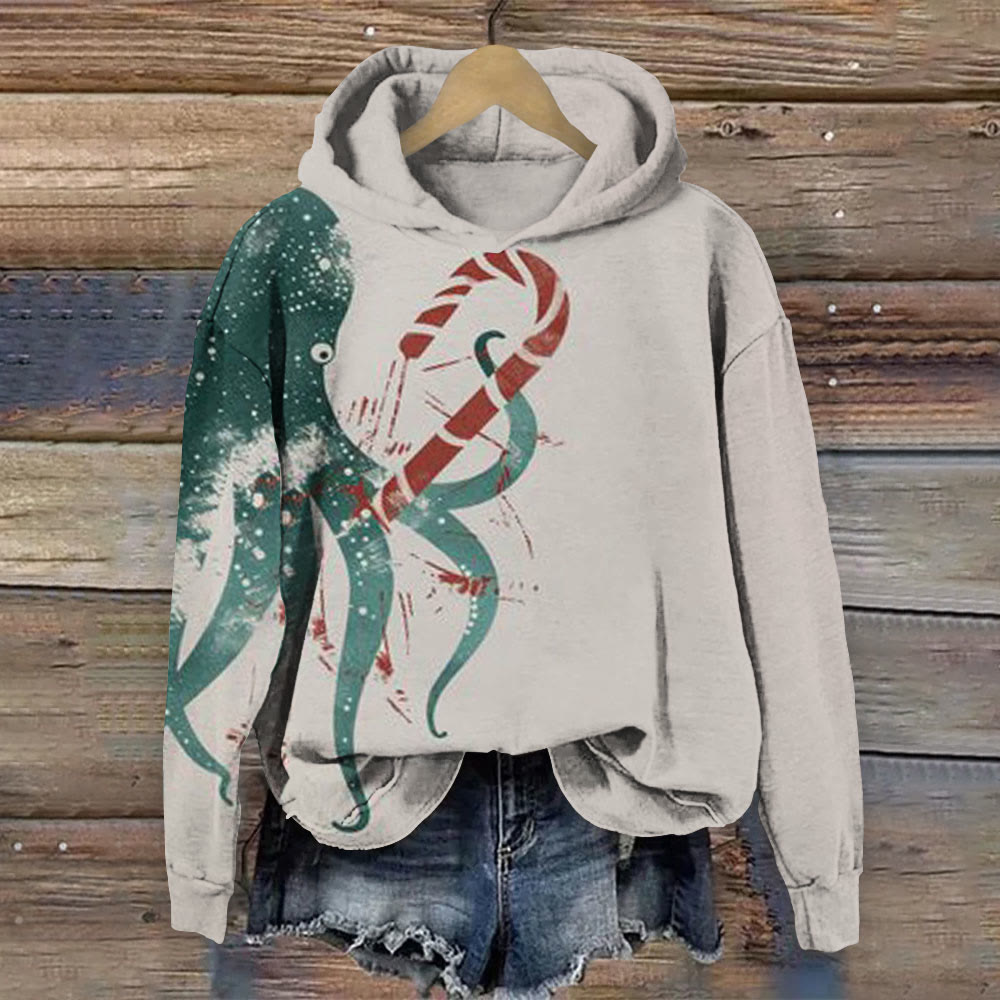 Vintage Christmas Octopus Print Long Sleeve Hoodie - Warm Grey - 8XL - image 1