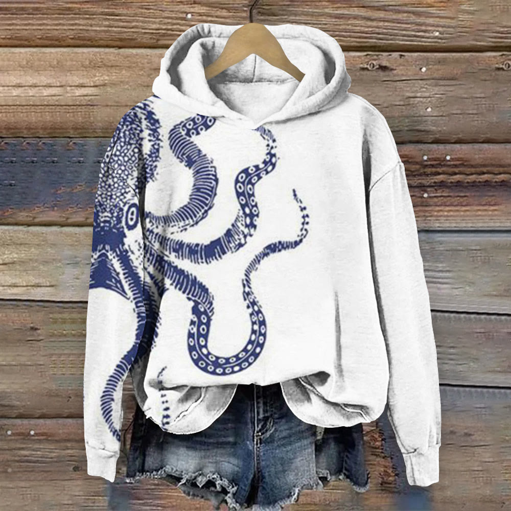 Vintage Octopus Print Long Sleeve Hoodie - White - 8XL - image 1
