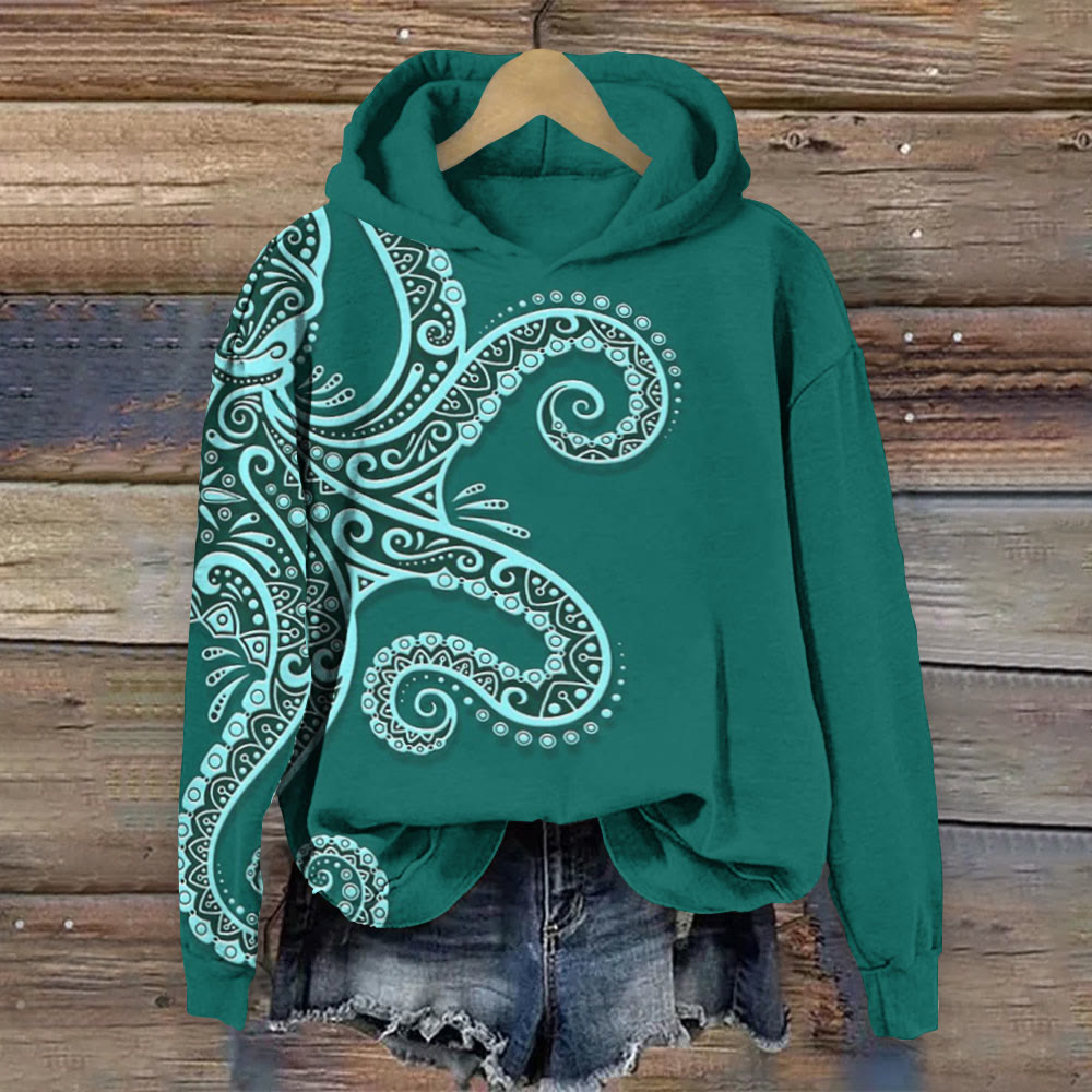 Ethnic Style Totem Octopus Print Long Sleeve Hoodie - Green - 8XL - image 1