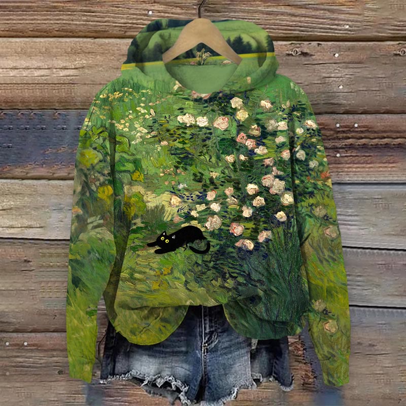 Creative Funny Vincent Van Gogh's Roses 1889 Black Cat Oil Painting Art Print Long Sleeve Hoodie - Green - 8XL - image 1