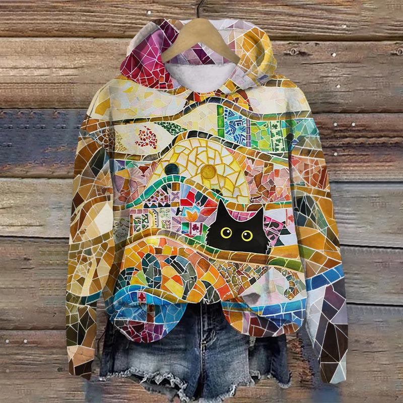 Creative Antonio Gaudi Cat Color-block Art Print Long Sleeve Hoodie - Multicolor - 8XL - image 1