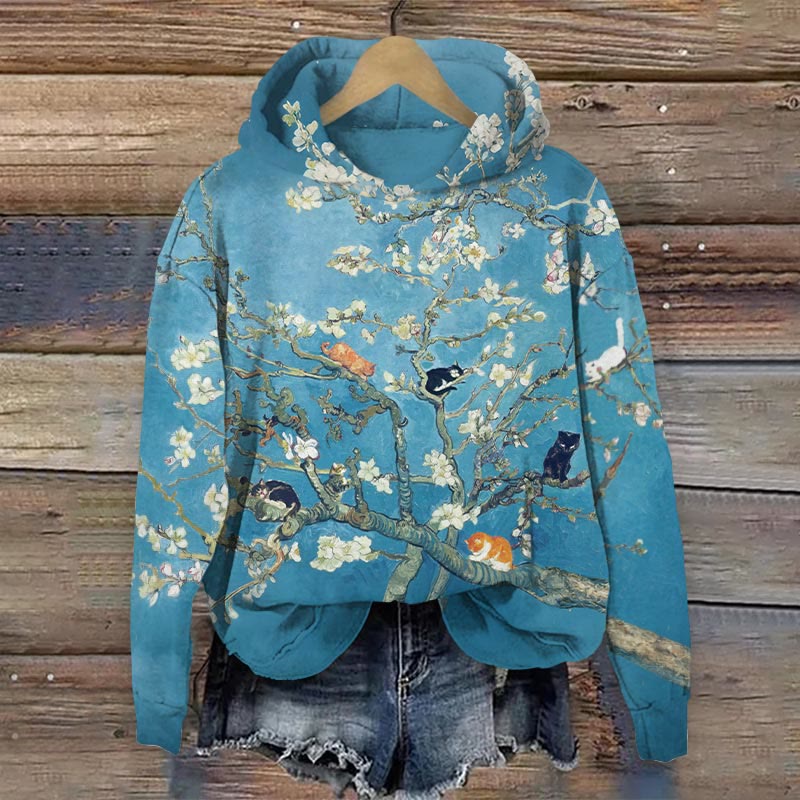 Van Gogh Cat Almond Blossom Oil Painting Art Print Long Sleeve Hoodie - Blue - 8XL - image 1