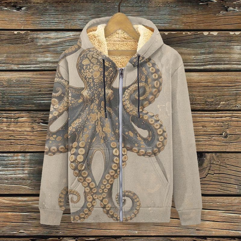 Vintage Octopus Art Print Fleece Jacket - Khaki - 4XL - image 1