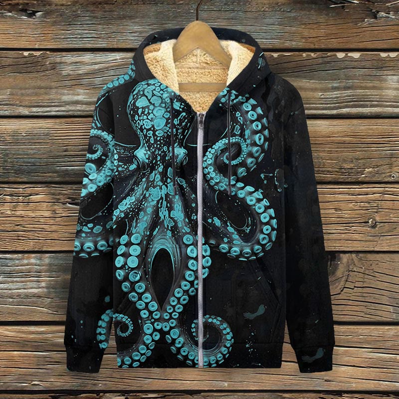 Vintage Octopus Art Print Fleece Jacket - Light Blue - 4XL - image 4