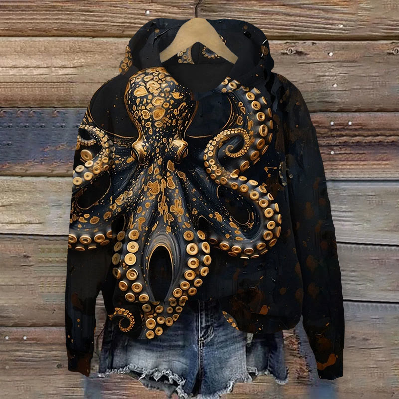 Vintage Octopus Art Print Long Sleeve Hoodie - Golden - 8XL - image 1