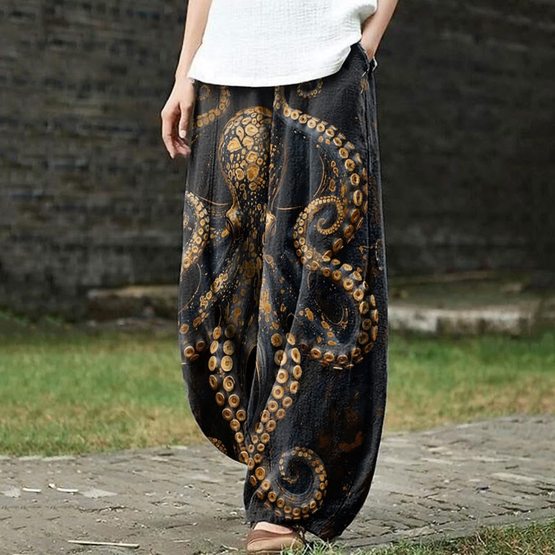 Vintage Octopus Art Print Casual Pants - Golden - 5XL - image 1