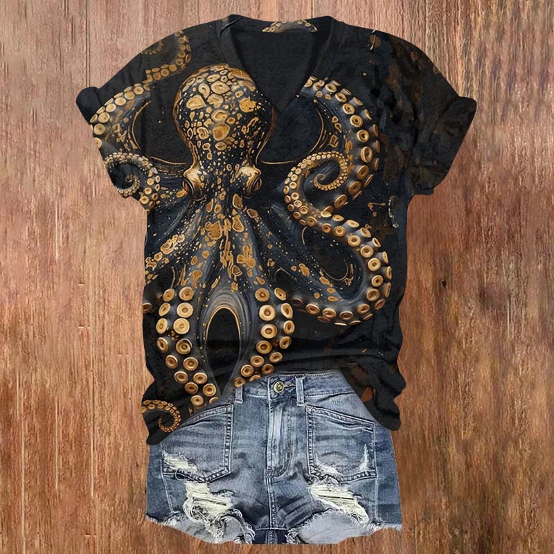 Vintage Octopus Art Print V-neck T-shirt - Golden - 5XL - image 1