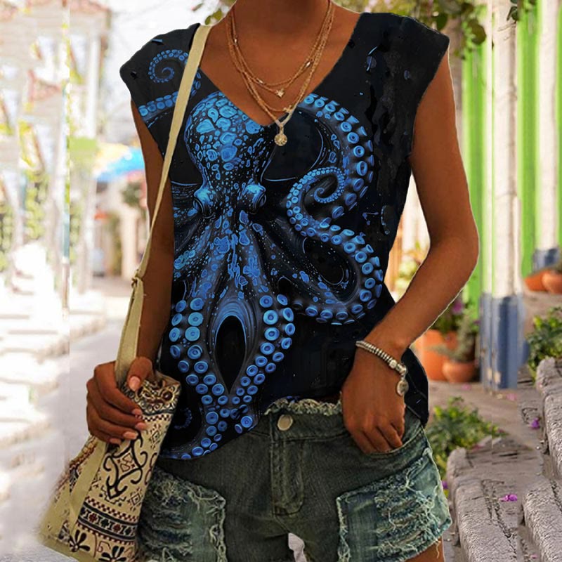 Vintage Octopus Art Print V-neck Tank Top - Dark Blue - 5XL - image 1