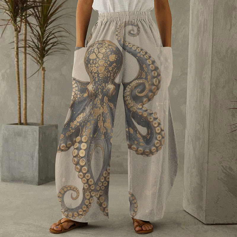 Vintage Octopus Art Print Casual Wide-leg Pants - Khaki - 6XL - image 5