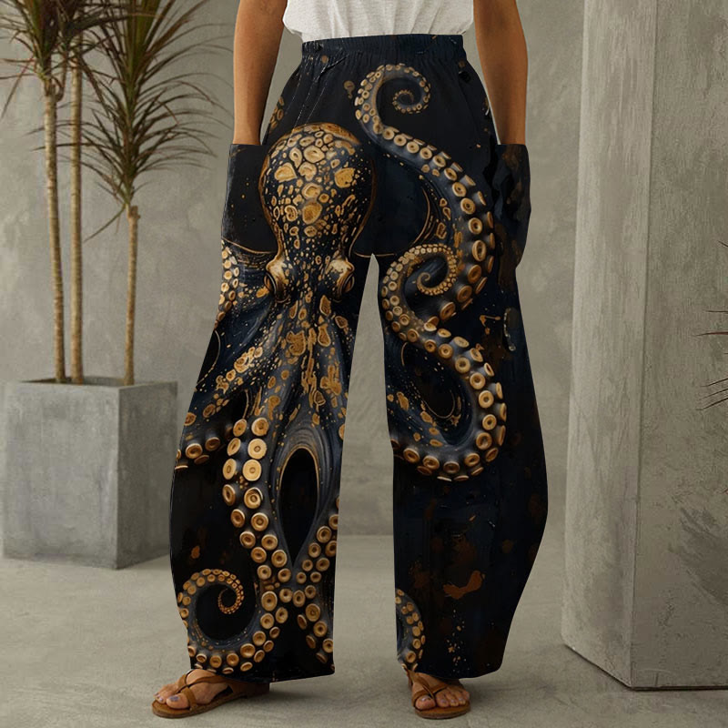 Vintage Octopus Art Print Casual Wide-leg Pants - Golden - 6XL - image 1
