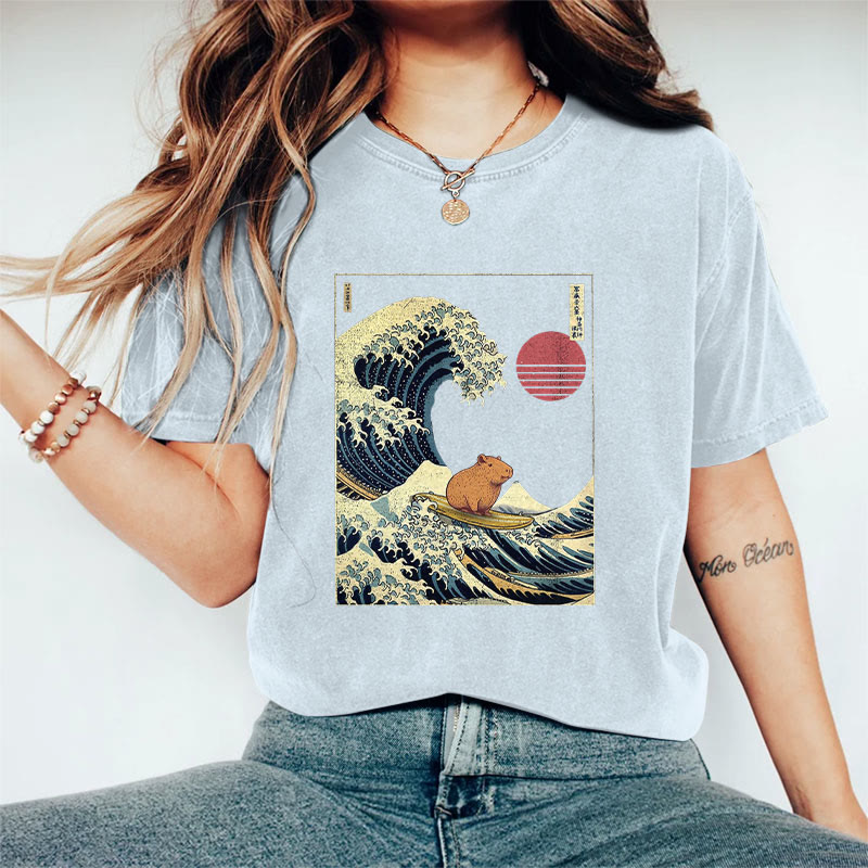 100% Cotton Funny Capybara Kanagawa Japanese Surfing Wave Print T-shirt - Light Blue - 2XL - image 1