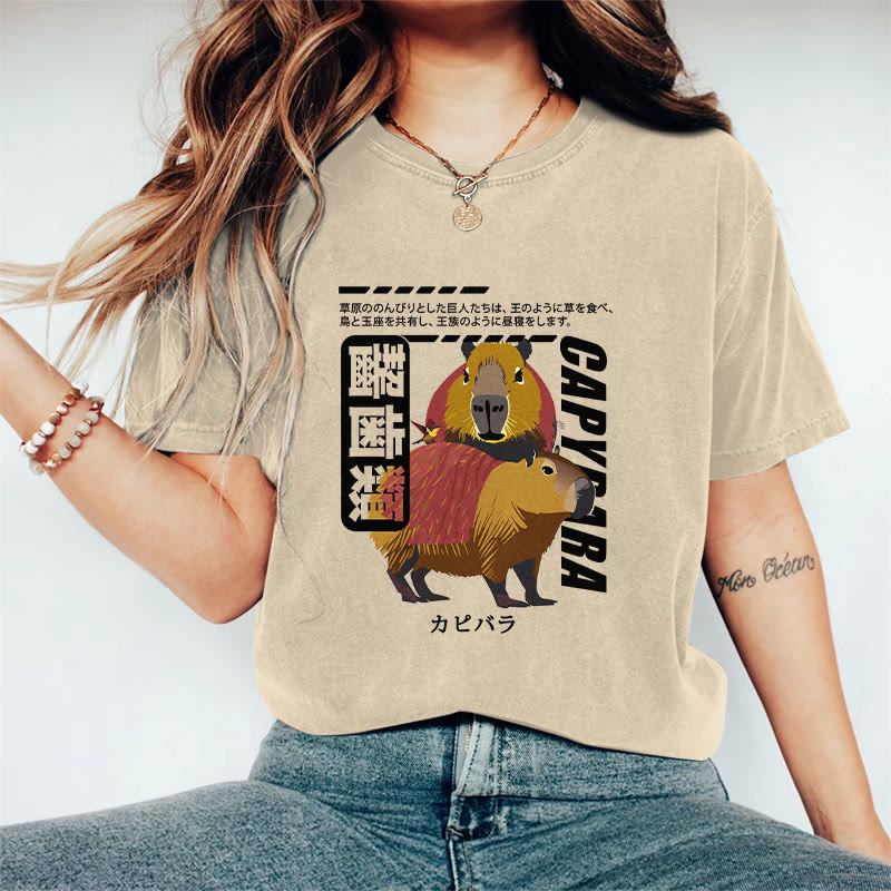 100% Cotton Funny Japanese Capybara Rodents Print T-shirt - Apricot - 2XL - image 1