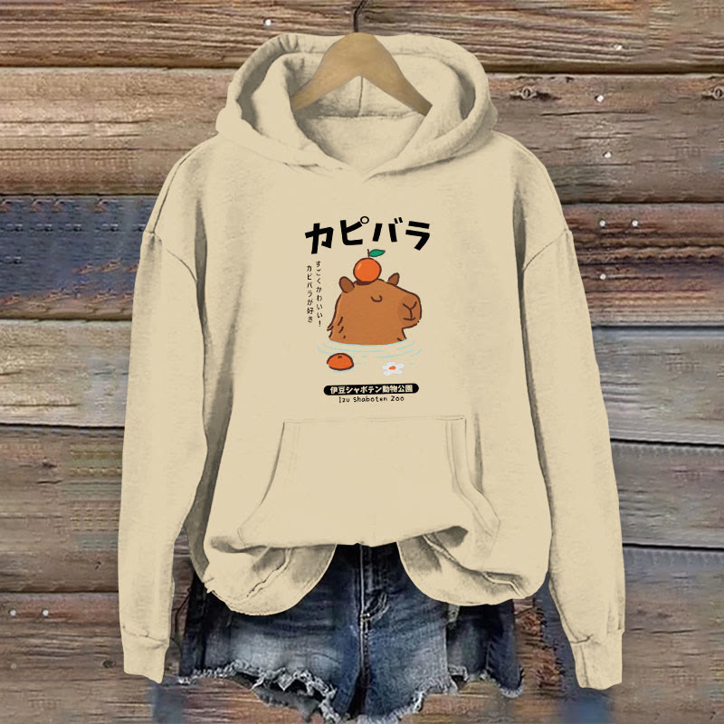 100% Cotton Cute Capybara With Orange Japanese Art Print Women's Hoodie - Apricot - 2XL - image 1