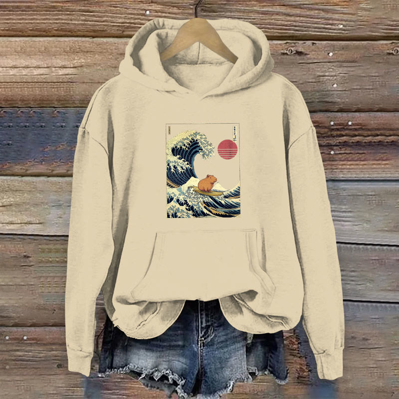 100% Cotton Funny Capybara Kanagawa Japanese Surfing Wave Print Women's Hoodie - Apricot - 2XL - image 1