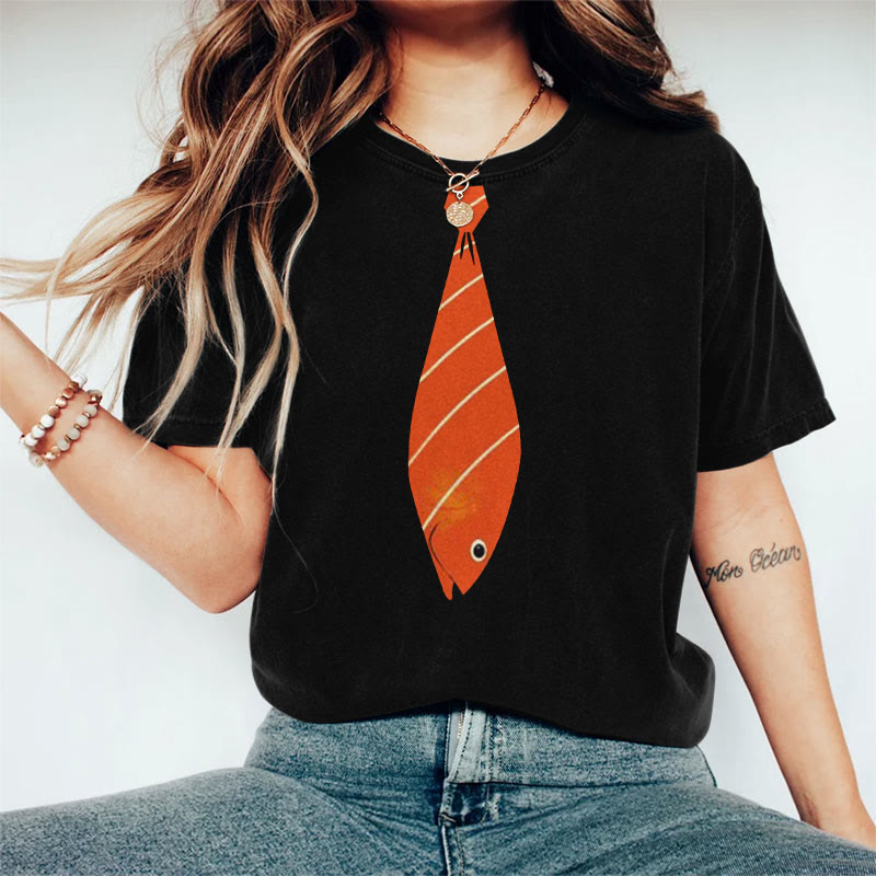 Creative Salmon Tie Art Print Round Neck T-shirt - Black - 8XL - image 3