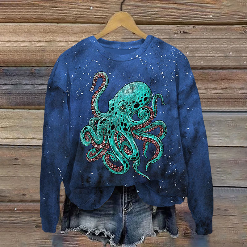 Undersea Kraken Octopus Art Print Casual Crewneck Sweatshirt - Blue - 5XL - image 1