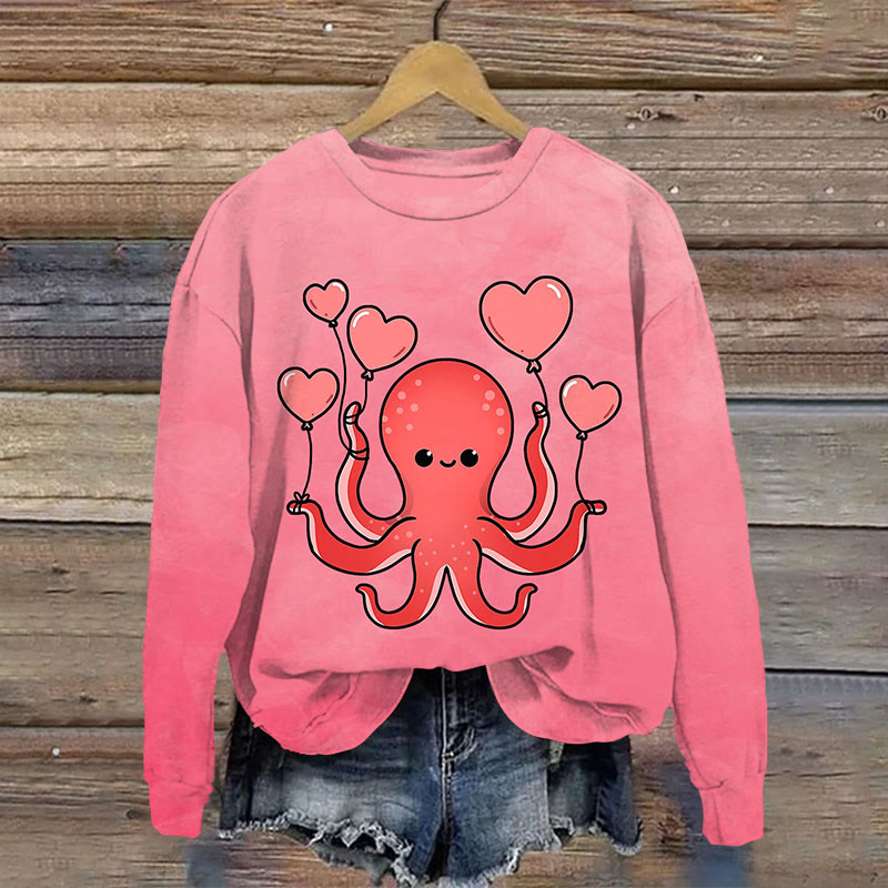 Octopus With Heart Balloons Valentines Day Octopus Print Casual Crewneck Sweatshirt - Pink - 5XL - image 1