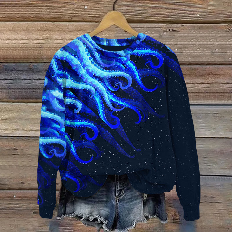 Space Monster Octopus Tentacles Abstract Art Print Casual Crewneck Sweatshirt - Dark Blue - 5XL - image 1