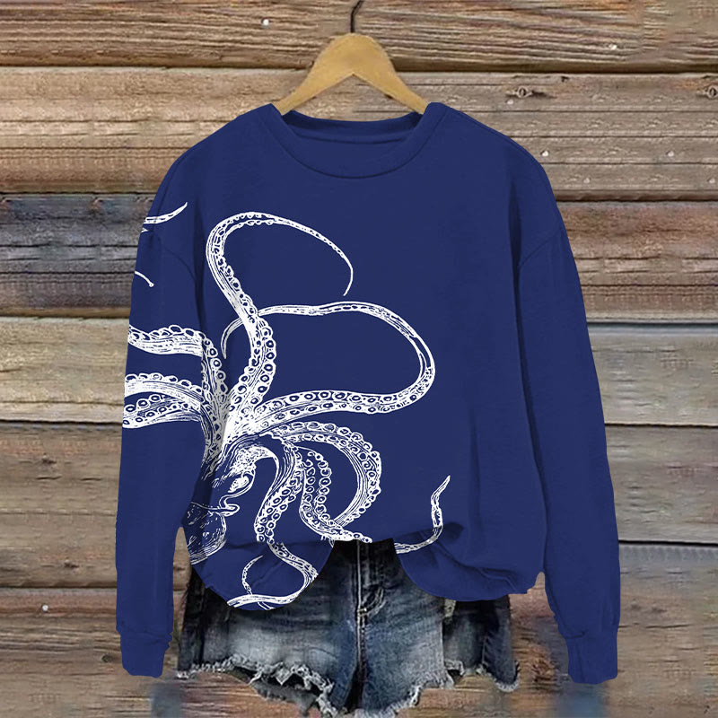 Kraken Titan Giant Octopus Art Print Casual Crewneck Sweatshirt - Blue - 5XL - image 1