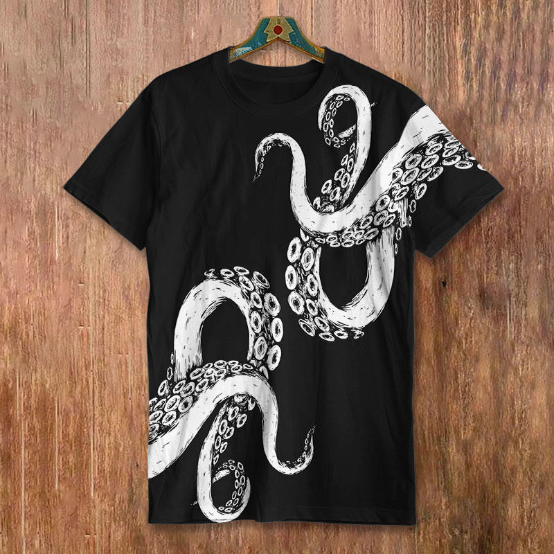 Kraken Octopus Tentacles Abstract Art Print Crew Neck Casual Short Sleeve T-shirt - Black - 8XL - image 1