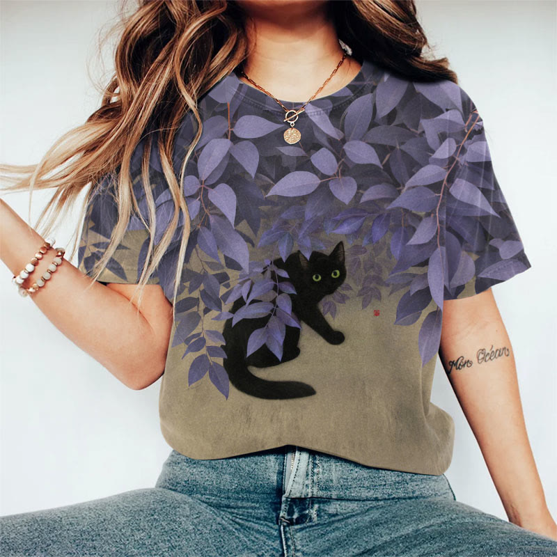 Retro Japanese Black Cat Art Print Crew Neck T-shirt - Purple - 8XL - image 1