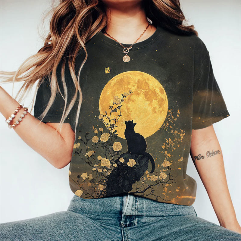 Full Moon Black Cat Art Print Crew Neck T-shirt - Yellow - 8XL - image 1