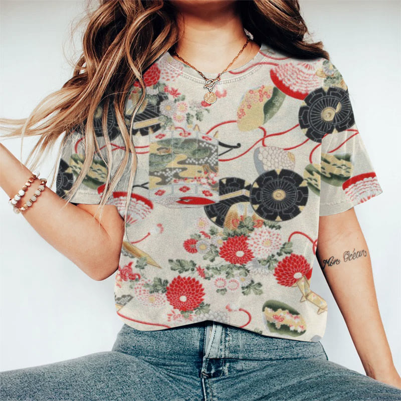 Japanese Retro Traditional Chrysanthemum Lantern Pattern Crew Neck T-shirt - Multicolor - 8XL - image 1