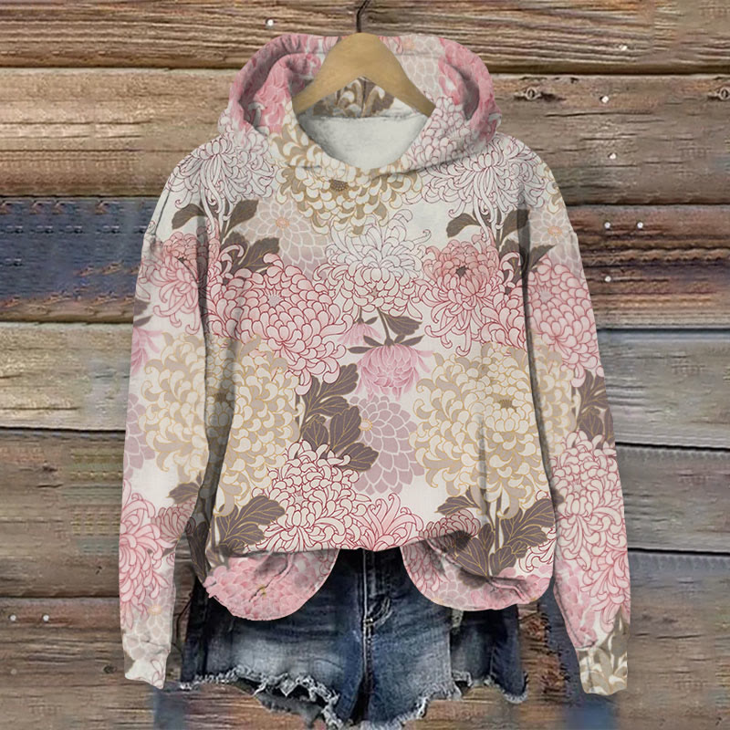 Japanese Retro Traditional Chrysanthemum Art Print Long Sleeve Hoodie - Pink - 8XL - image 1