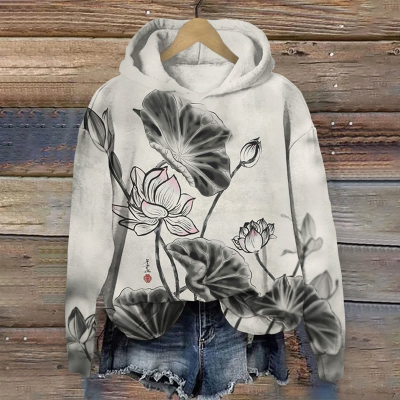 Japanese Style Lotus Ink Painting Art Print Long Sleeve Hoodie - Grey - 8XL - image 1