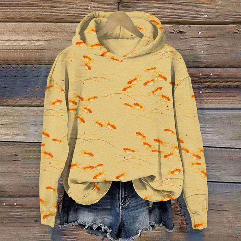 Japanese Cute Goldfish Print Long Sleeve Hoodie - Yellow - 8XL - image 1