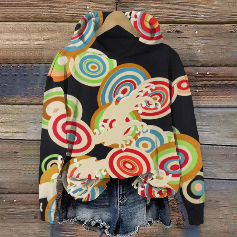 Japanese Retro Traditional Vortex Wave Art Print Long Sleeve Hoodie - Multicolor - 8XL - image 1