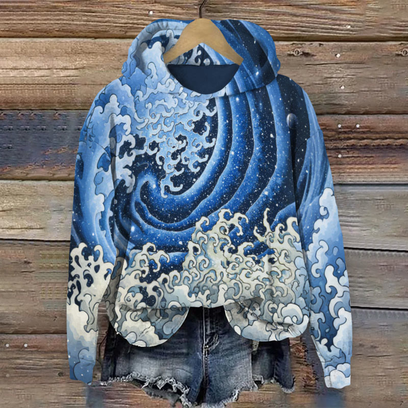 Japanese Style Abstract Angry Wave Art Print Long Sleeve Hoodie - Blue - 8XL - image 1