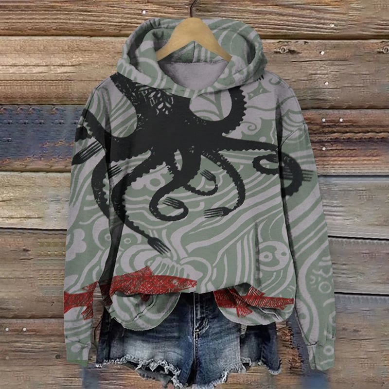 Retro Ethnic Abstract Line Octopus Art Print Long Sleeve Hoodie - Grey - 8XL - image 1