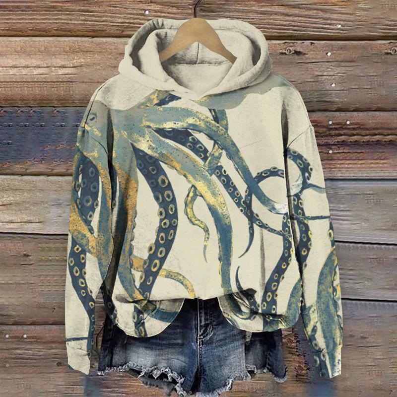 Abstract Octopus Art Print Long Sleeve Hoodie - Apricot - 8XL - image 1