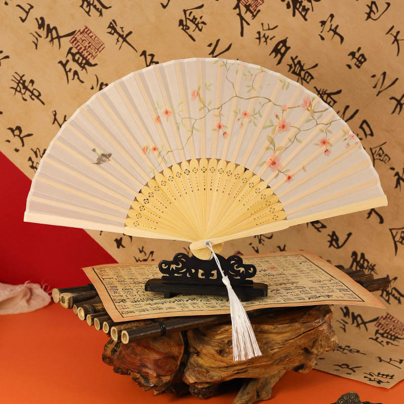 Women Ancient Style Vintage Floral Folding Fan - Apricot - image 1