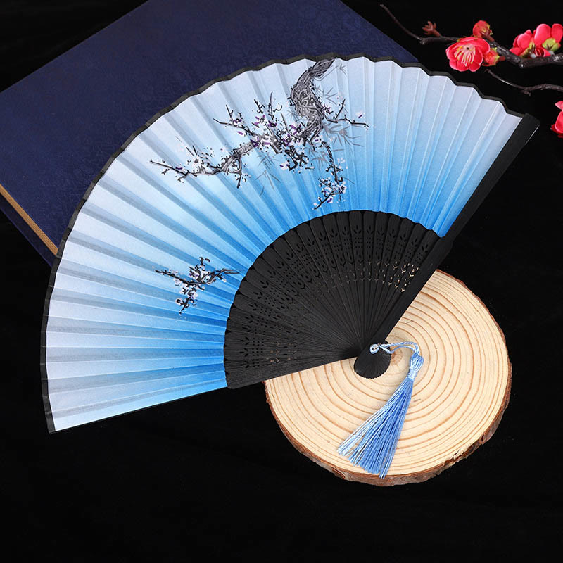 Women Ancient Style Cheongsam Japanese Floral Folding Fan - Blue - image 1