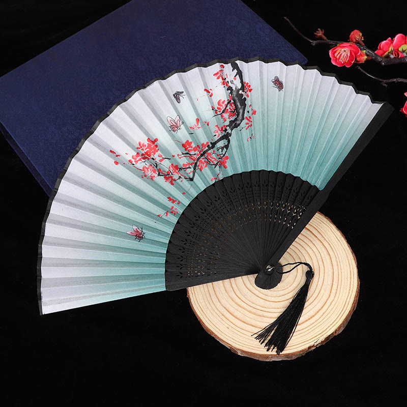 Women Ancient Style Japanese Classic Floral Folding Fan - Mint - image 1