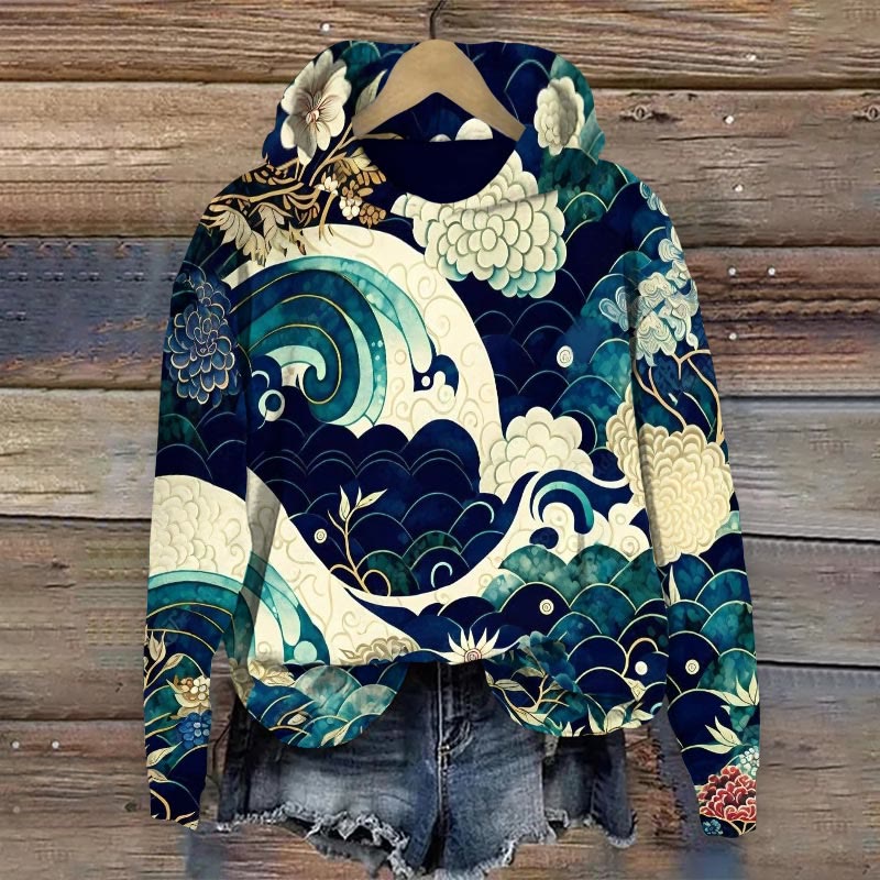 Retro Japanese Traditional Floral Wave Art Print Long Sleeve Hoodie - Blue - 8XL - image 1