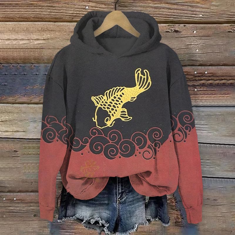 Japanese Wave Koi Color Block Art Print Long Sleeve Hoodie - Dark Grey - 8XL - image 1