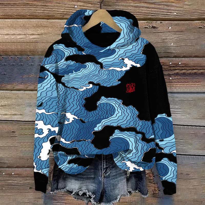 Japanese Blue Giant Wave Color Block Art Print Long Sleeve Hoodie - Blue - 8XL - image 1