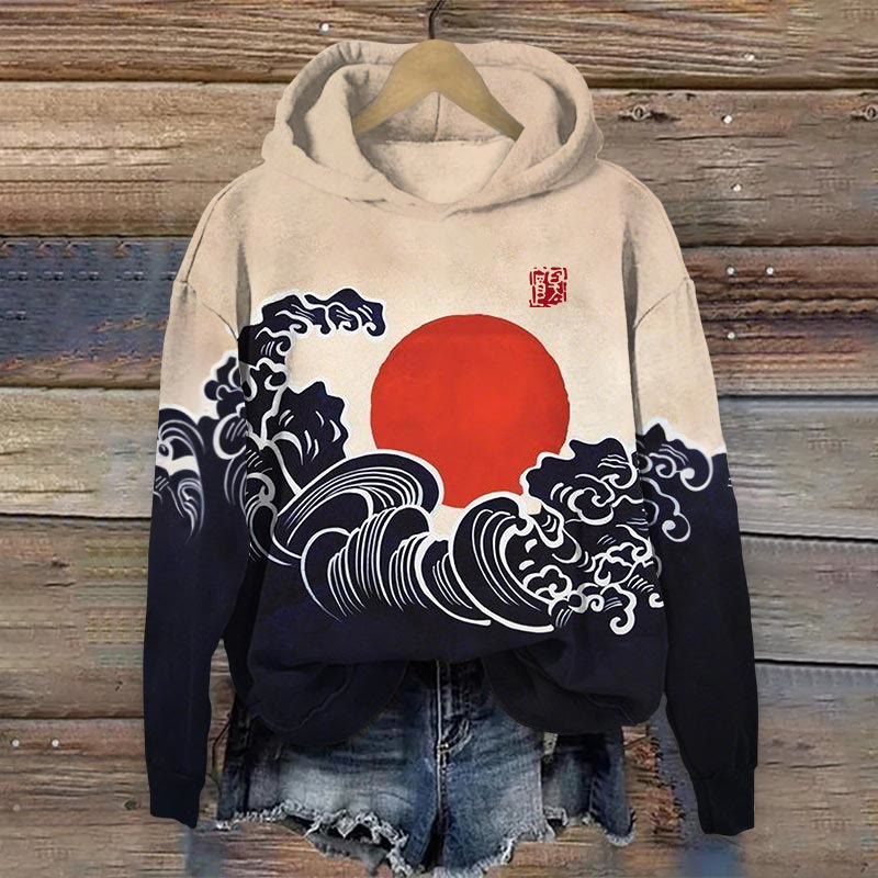 Japanese Sun The Great Wave Art Print Long Sleeve Hoodie - Apricot - 8XL - image 1