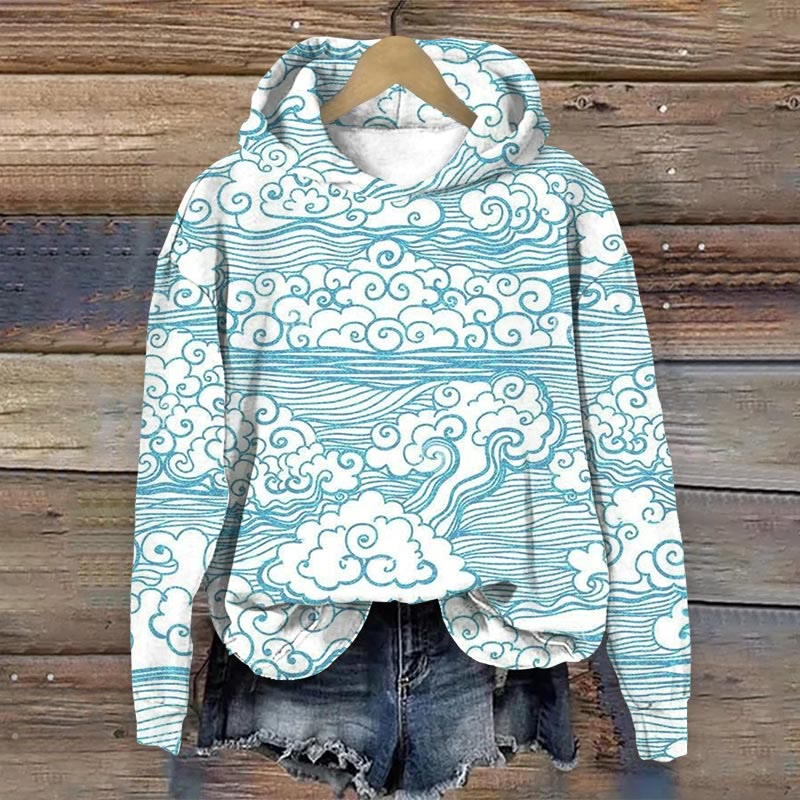 Retro Japanese Traditional Wave Line Art Print Long Sleeve Hoodie - Light Blue - 8XL - image 1