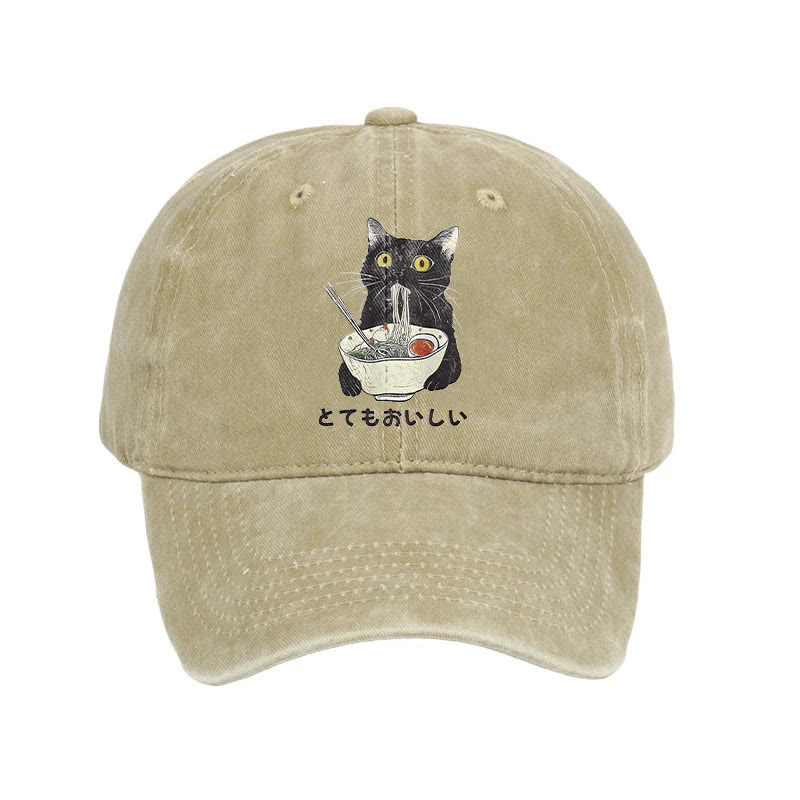 Unisex 100% Cotton Cats Eat Ramen Noodles Vintage Print Cap - Khaki - one size - image 1