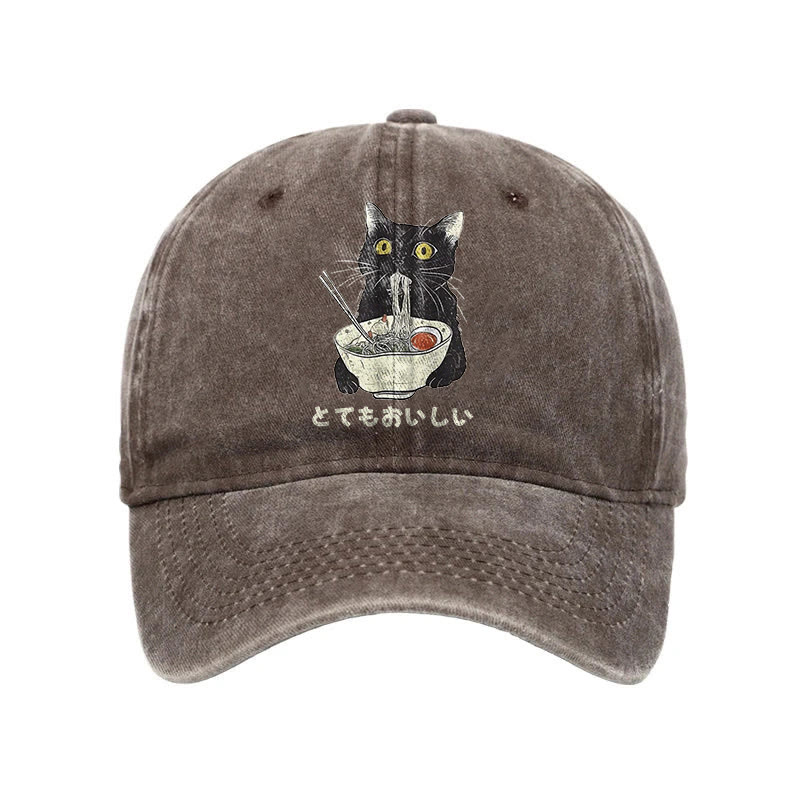 Unisex 100% Cotton Cats Eat Ramen Noodles Vintage Print Cap - Coffee - one size - image 3