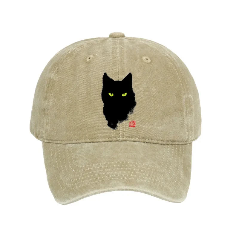 Unisex 100% Cotton Cat Sharp Gaze Vintage Print Cap - Khaki - one size - image 1